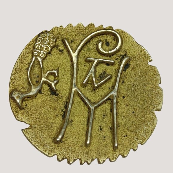 Vermeil Gold over 800 Silver Egyptian Revival Peacock Vintage Brass Pin Brooch - Picture 1 of 8